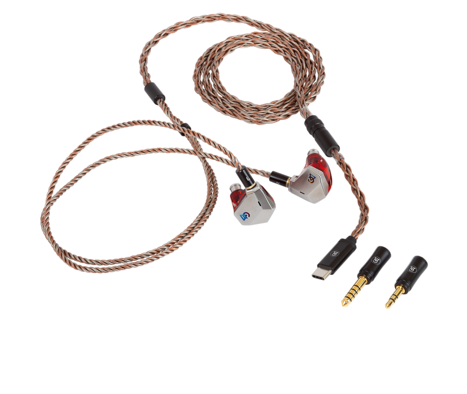 In-ear headphones with cable and connectors on a white background