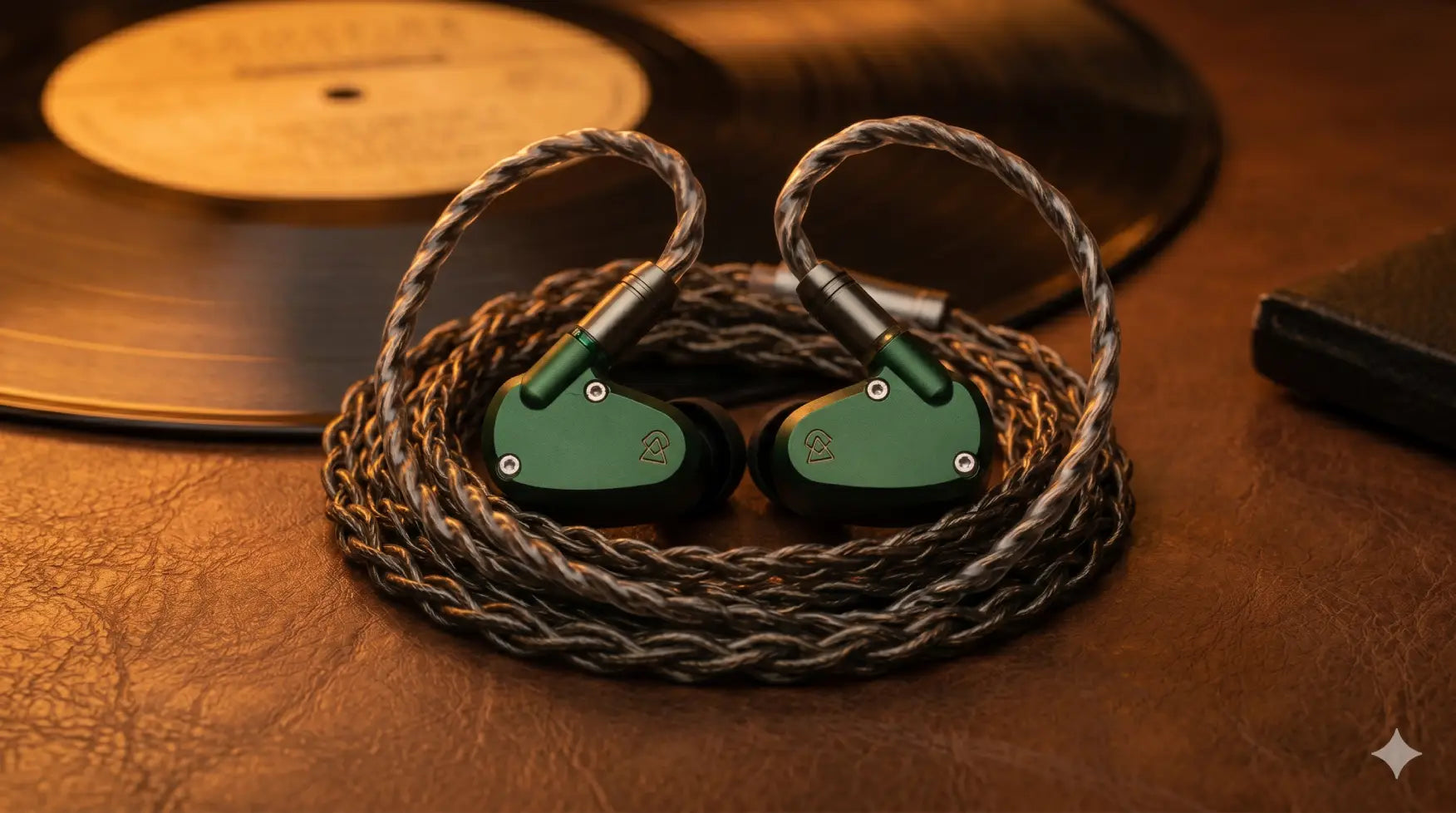 A pair of premium Campfire Audio Andromeda Emerald Sea IEMs in a vibrant green finish, neatly arranged with their coiled silver-plated cable on a textured brown leather surface next to a vintage vinyl record, under warm golden lighting.