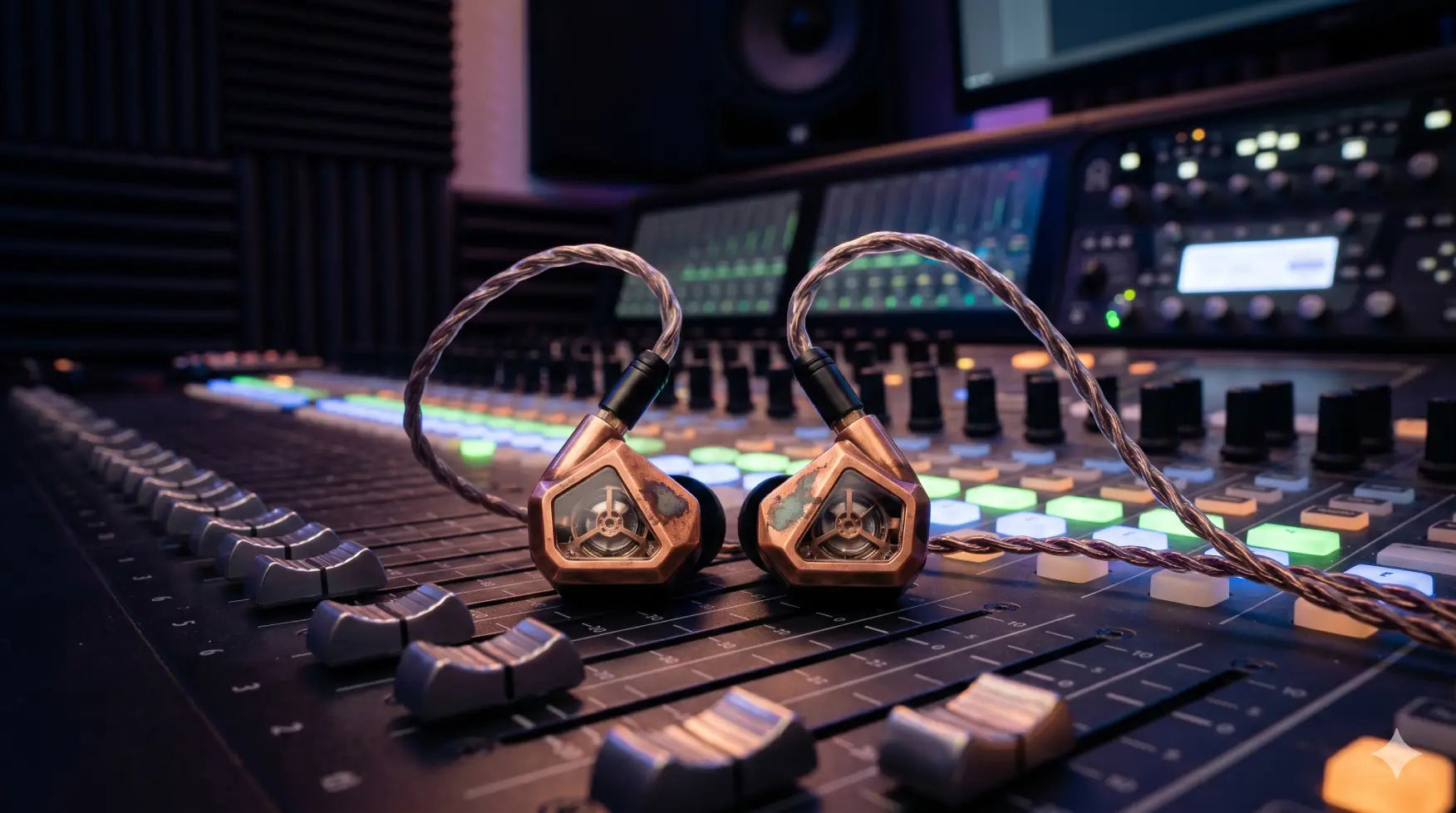 Premium metallic in-ear monitors with braided cables resting on a professional digital mixing console in a recording studio.