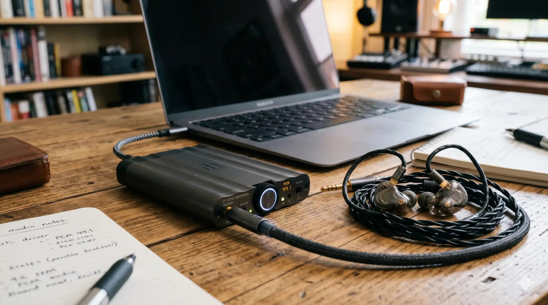 A portable DAC amplifier unit connected to premium IEM earphones on a wooden desk next to a laptop.