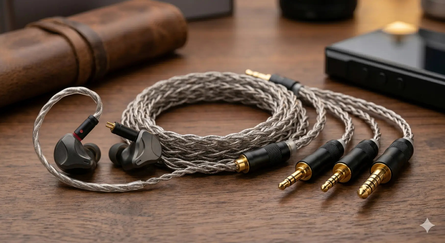 High-quality braided IEM cable with interchangeable 3.5mm, 2.5mm, and 4.4mm audio jacks alongside a pair of in-ear monitors on a wooden desk.