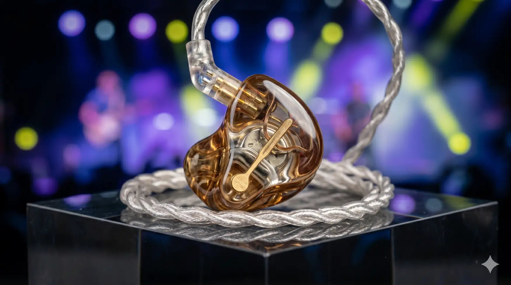 A close-up of a premium transparent amber in-ear monitor with a braided silver cable, displayed on a black reflective stand against a blurry concert stage background with colorful lights.