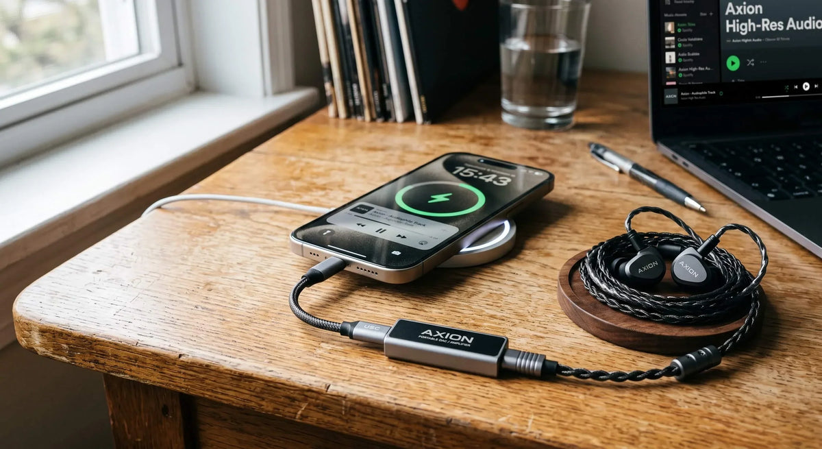 A modern smartphone resting on a wireless MagSafe charging pad while connected to a sleek USB-C DAC inline cable and high-end Axion IEM earphones on a wooden desk.