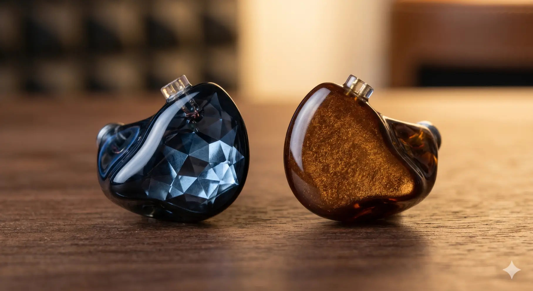 Two premium planar IEMs side-by-side on a wooden table. The left Supermoon IEM has a faceted dark blue faceplate, and the right Grand Luna IEM has a shimmering amber-gold faceplate, set against a blurred studio background.