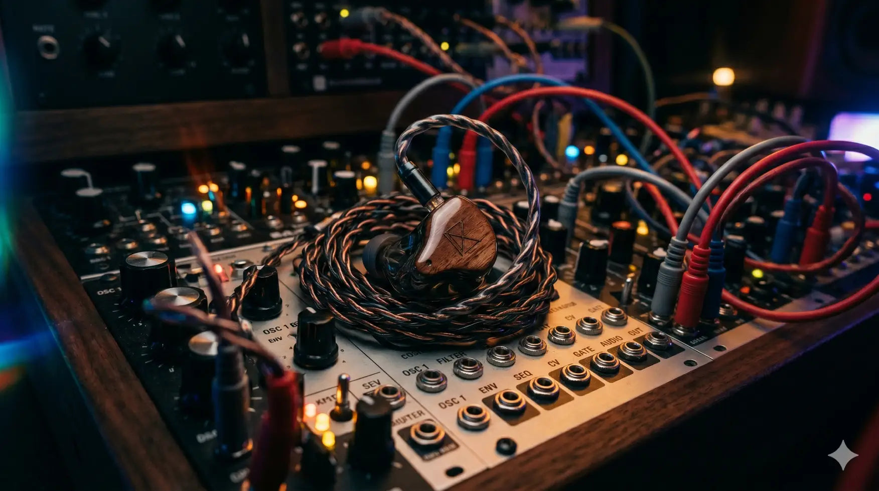 A custom in-ear monitor with a wood faceplate rests on a modular synthesizer patchbay in a dimly lit studio.