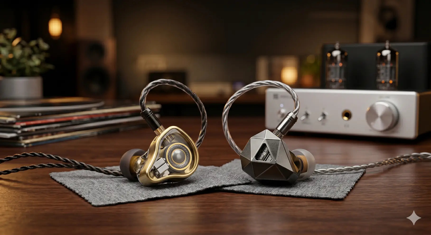 Two flagship IEMs on a wooden desk in a warm studio. On the left, a smooth gold hybrid earphone with a clear faceplate; on the right, a sharp, geometric gunmetal gray planar earphone, with a blurred desktop amplifier in the background.